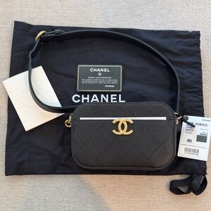 CHANEL Black Quilted Caviar Leather Camera Bag with Gold CC